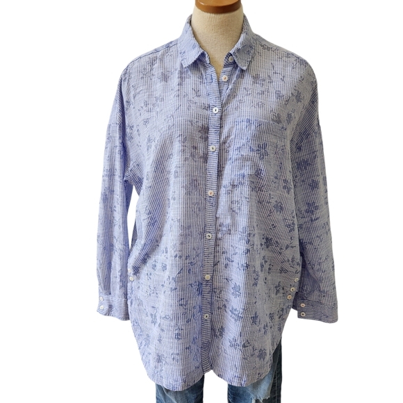 Anthropologie Postmark  Blue White Striped Floral Long Sleeve Button Up … - Picture 1 of 12
